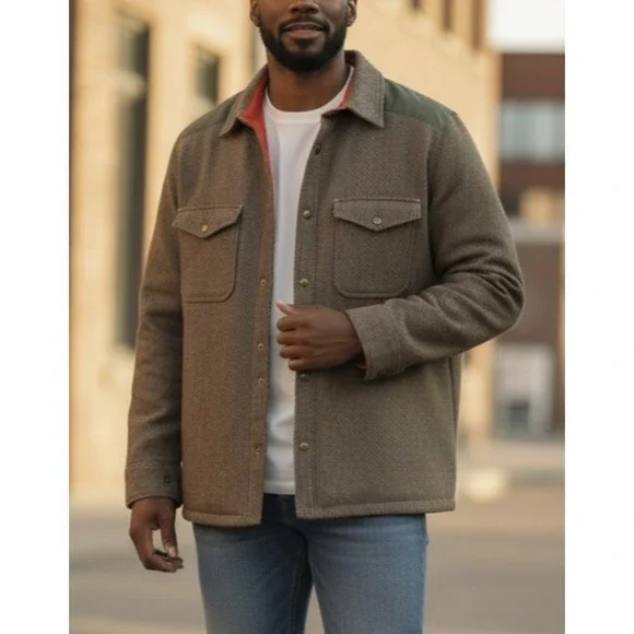 Woolrich 550 Fill Down Herringbone Wool Blend Barn Coat Jacket Mens Large Brown - Picture 2 of 15